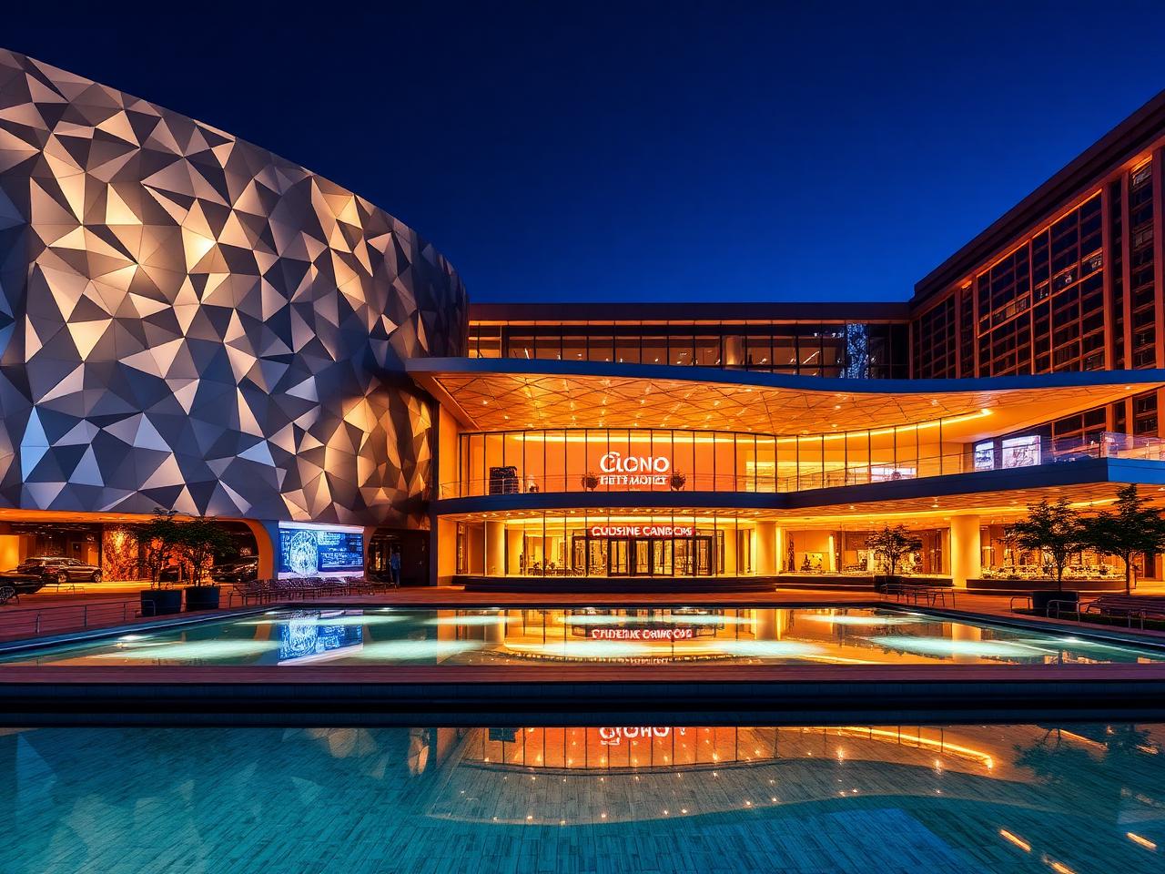 Faceted metal and glass facade of a contemporary casino complex at night