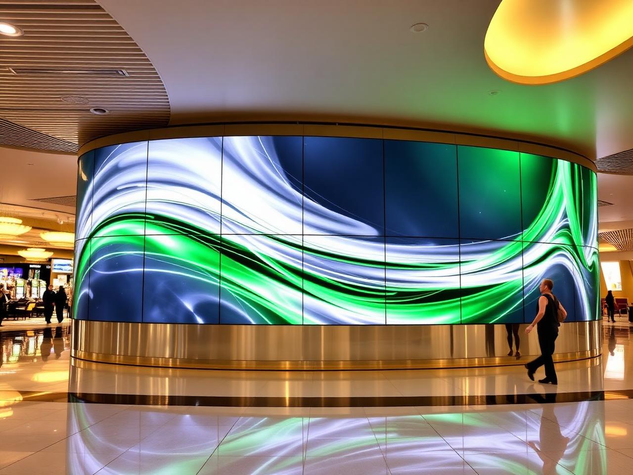 Curved digital signage wall in a casino concourse with green and silver graphics