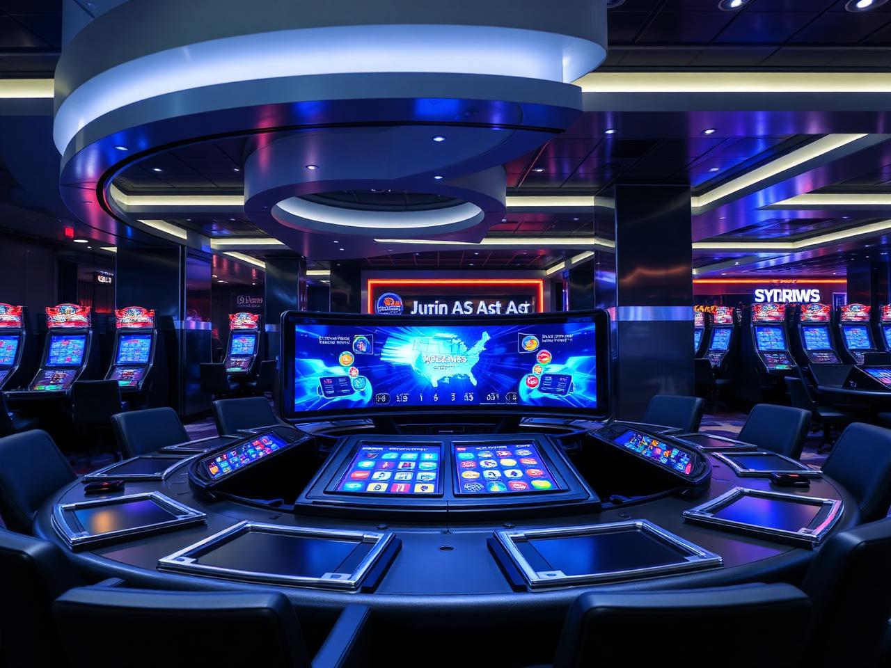 Multiplayer electronic table with central curved display and player stations