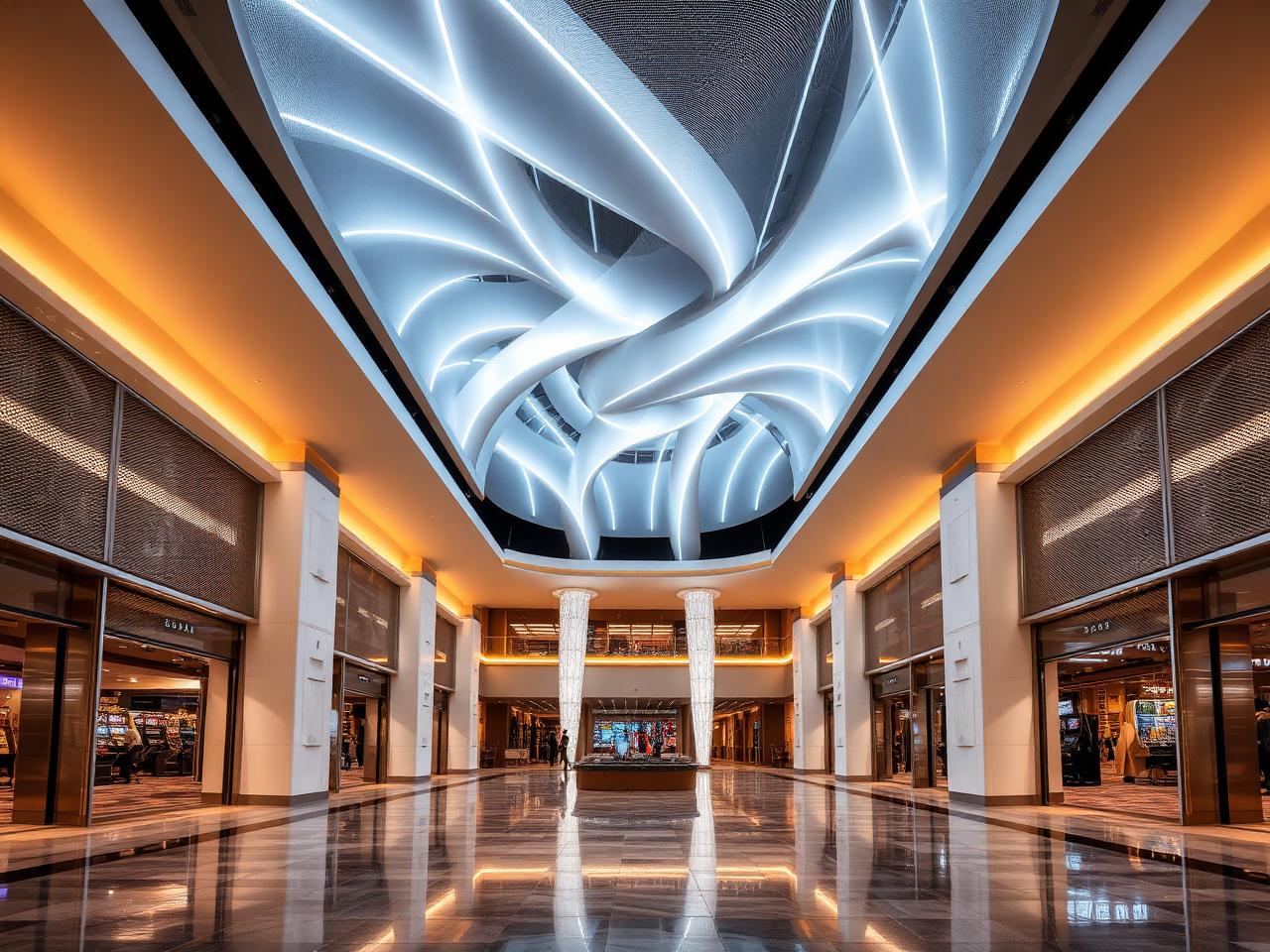 Sculptural lit ceiling above a polished casino atrium