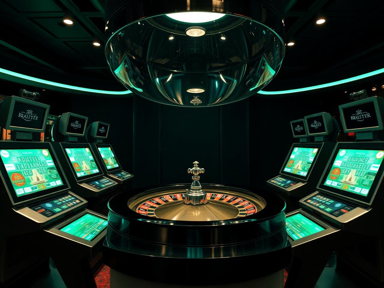 Glass-domed automated roulette wheel surrounded by player terminals