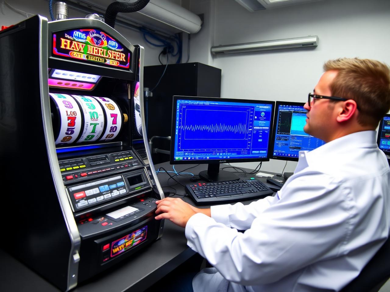 Engineer testing gaming machine electronics in a laboratory